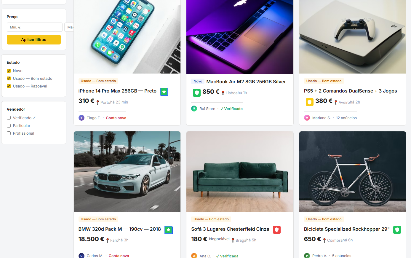 Extensão NETTUNO a mostrar escudos sobre anúncios de iPhone, MacBook e PS5 num marketplace português