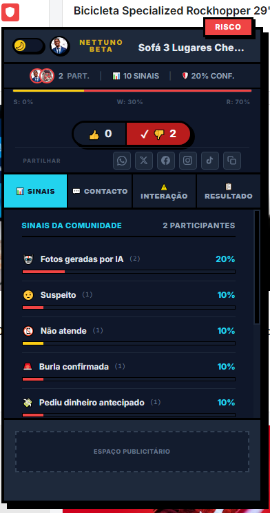 Painel de votação NETTUNO sobre Sofá Chesterfield com badge RISCO no topo, mostrando 70% de sinais negativos — fotos geradas por IA, suspeito, não atende, burla confirmada, pediu dinheiro antecipado