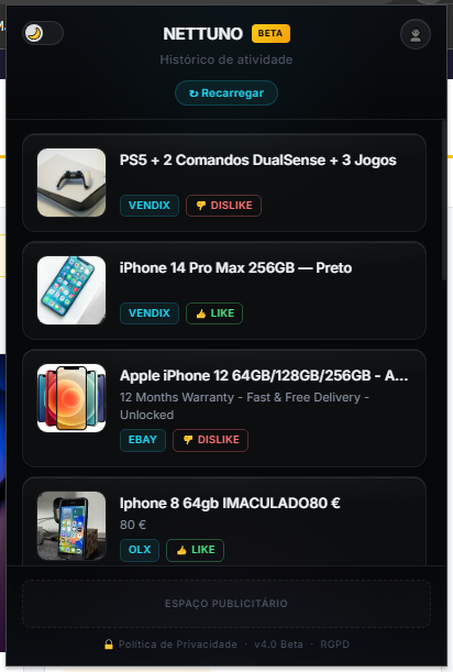 Popup da extensão NETTUNO mostrando o histórico de atividade do utilizador — PS5, iPhone 14, iPhone 12, iPhone 8 com etiquetas VENDIX, EBAY, OLX e o voto que cada um recebeu