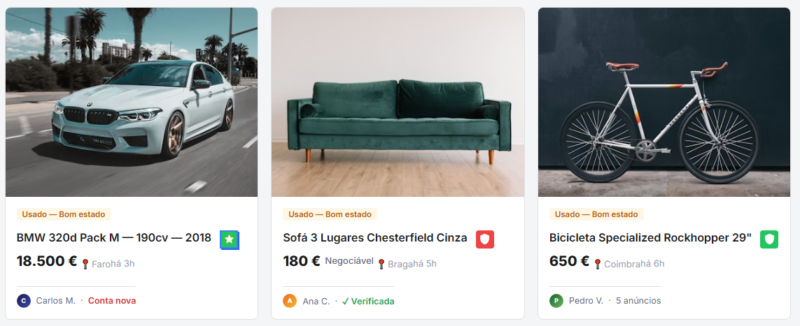 Listagem de marketplace com escudos NETTUNO: BMW com estrela amarela Confiável, Sofá Chesterfield com escudo vermelho Risco e Bicicleta Specialized com escudo verde Seguro